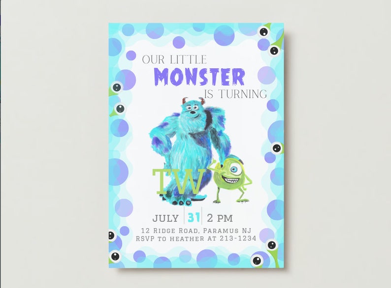 Monsters Inc Birthday Party Invitation, Monster Party Invitation, TWO ...
