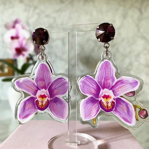 Medium Flowers Earrings, Swarovski and acrylic Fucsia, Orchidea, Peonia, charm h5cm