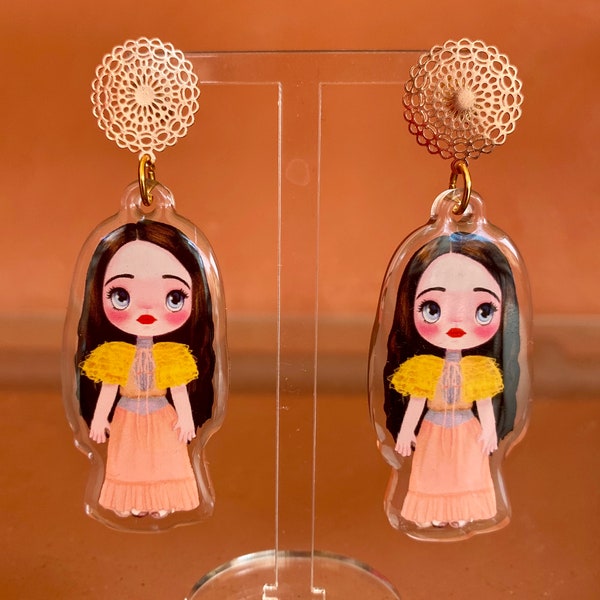 Bella Baxter earrings or key ring, front and back two outfits, brass and acrylic, Poor Things, Emma stone, fanart