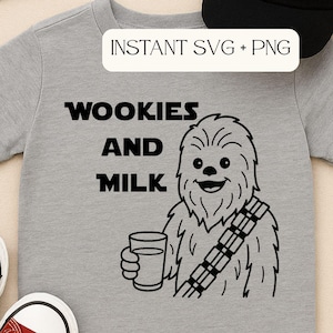 May include: A gray t-shirt with the text "Wookies and Milk" and a graphic of a Wookiee holding a glass of milk. The image also includes red sneakers, black sunglasses, and a black baseball cap with mouse ears.