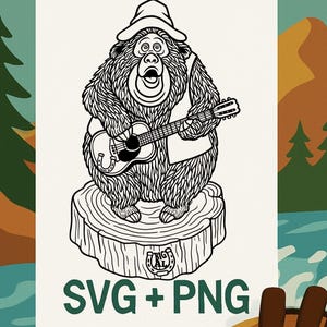 Könnte beinhalten: Schwarz-Weiß-Illustration eines Bären, der Gitarre spielt, einen Hut und eine Weste trägt und auf einem Baumstumpf steht. Das Bild enthält den Text "SVG + PNG" und ein Floß. Der Hintergrund zeigt einen Berg und Bäume.