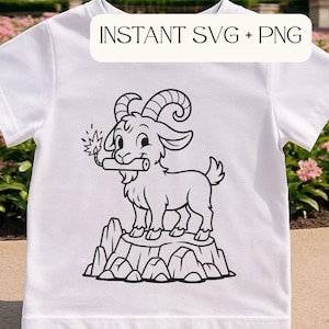 May include: White t-shirt with a black and white cartoon goat holding a firework, standing on a rock. The text "INSTANT SVG + PNG" is displayed. A castle is visible in the background. The design is suitable for digital use.