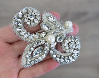 Crystal Rhinestone Beaded Applique Pair, Silver Lace Patches (2 5/8 x 3")