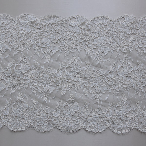 Clearance Alencon Lace, French Embroidered Lace, Double Scalloped Lace with Cords, Sold by the Yard, for Bridal Wedding Dress, Gown, Veil