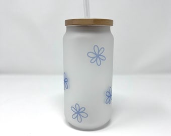Frosted Glass Iced Coffee Tumbler | Purple Daisy, Bamboo Lid & Glass Straw