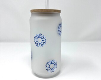Blue Sunflower Frosted Glass Tumbler | 18 oz Iced Coffee Cup