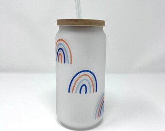 Rainbow Frosted Glass Iced Coffee Tumbler | Bamboo Lid