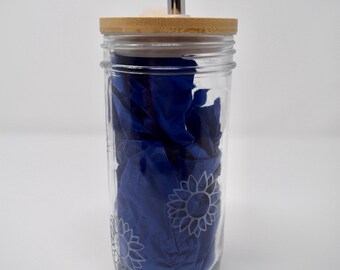 Glass Mason Jar Tumbler | Tumbler with Straw and Lid | Etched Sunflowers