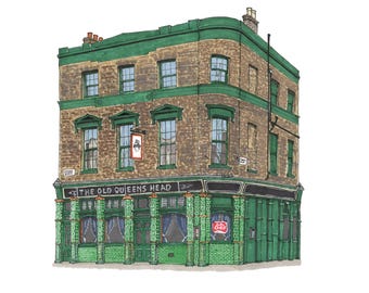 The Old Queens Head Pub Print | Essex Road Islington | London Hand Drawn Illustration | A4 / A5 / A6