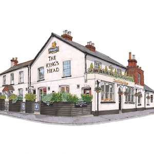 May include: A detailed illustration of a pub called "The King's Head". The white building has a dark roof, multiple windows, and a sign for Fuller's. There are flower boxes and plants around the exterior, with a sign that says "Restaurant".