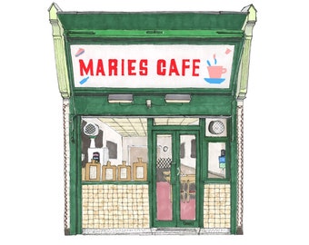 A4 PRINT | Maries Cafe | Waterloo London | Hand Drawn Illustration Wall Art