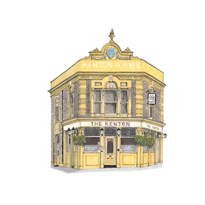 May include: A watercolour illustration of "The Kenton Arms" pub. The building is a corner pub, painted in yellow and brown, with the pub's name displayed prominently. Hanging baskets of flowers are visible.