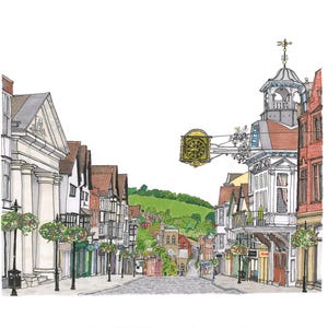 IMPRESSION A4 | Rue principale de Guildford | Art mural illustration dessinée à la main
