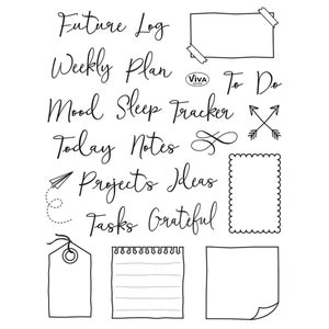 Könnte beinhalten: Schwarz-weiße, handgezeichnete Planer-Elemente mit Text wie "Future Log", "Weekly Plan", "Mood Sleep Tracker" und "Today Notes". Enthält auch leere Etiketten, ein Papierflugzeug und dekorative Pfeile.