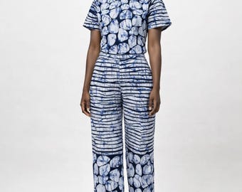 Ankara Two Piece Set Women, African Print Matching Outfit, Cotton Crop Top and Wide Leg Pants