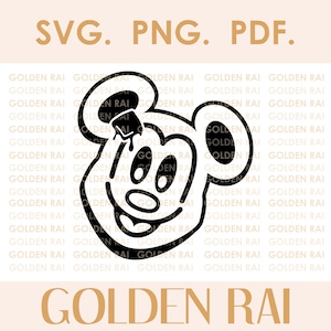 May include: Black and white illustration of Mickey Mouse with a dripping ice cream cone. The background is a pattern of the words "Golden Rai".