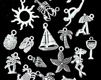 18 Piece Beach Vacation Charm Set antique silver metal charms for jewelry making, scrapbooking, wine charms, 3/8” to 1”