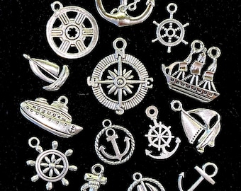 14 Piece Mariner Charm Set ocean themed  antique silver metal charms for jewelry making, scrapbooking, crafting 1/2”-1”
