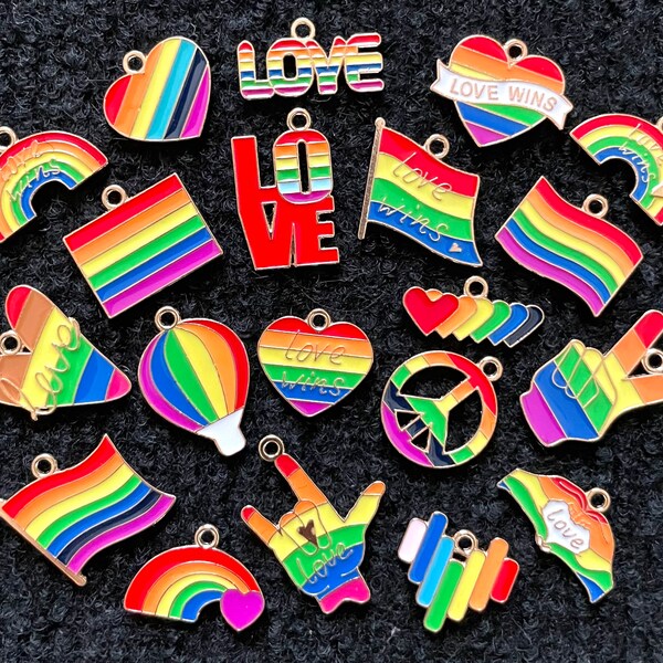 20 Piece Pride Set LGBTQ, Rainbow, Equality, Gold Alloy & Enamel Charms And Pendants for jewelry making, scrapbooking, 1/2”to 1”