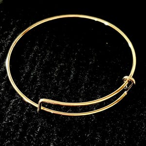 May include: A gold-colored adjustable bangle bracelet. The bracelet is circular with a hinged design for easy wear. The metal has a shiny finish, reflecting light against the dark background. This jewelry item is suitable for various wrist sizes.