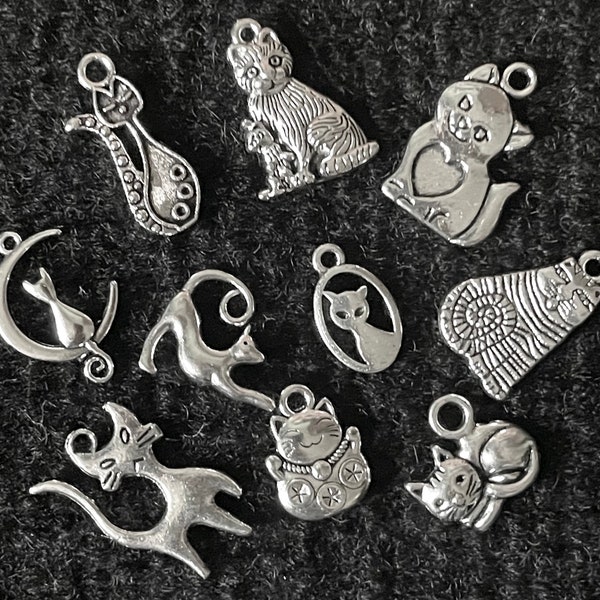 10 Piece Kitty Cat Charm Set Tibetan antique silver metal charms for jewelry making, scrapbooking, stitch marking 3/8”-3/4”