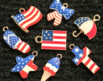 8 Piece Sweet American Summer Patriotic gold alloy & enamel charms for jewelry making and scrapbooking