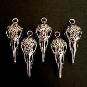 5 Piece Ravens Skull Charms, symbolic silver metal charms/pendants for jewelry making, 1.50”