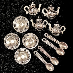 12 Piece Teapot, Teaspoon & Teacup Charm Set Tibetan antique silver metal charms for jewelry making 4 pairs, 3/8”-1”
