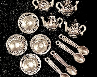 12 Piece Teapot, Teaspoon & Teacup Charm Set Tibetan antique silver metal charms for jewelry making 4 pairs, 3/8”-1”
