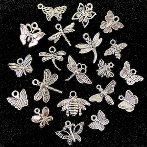 May include: A collection of silver-colored charms in various insect designs, including butterflies, dragonflies, and bees. Each charm has a small loop for attaching to jewelry or other crafts. The charms are arranged on a black background.