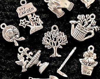 10 Piece Gardening Themed Charm Set Tibetan silver metal charms for jewelry making, scrapbooking, crafting