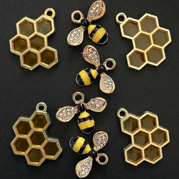 8 Piece Honeybee & Honeycomb Charms gold alloy, pave crystal and resin charms for jewelry making, scrapbooking, 4 sets/pairs 1/2”/5/8”