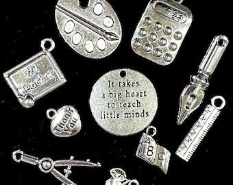 10 Piece Teacher Charm Set silver alloy charms for jewelry making, scrapbooking, crafting, stitch marking 3/8” to 1”