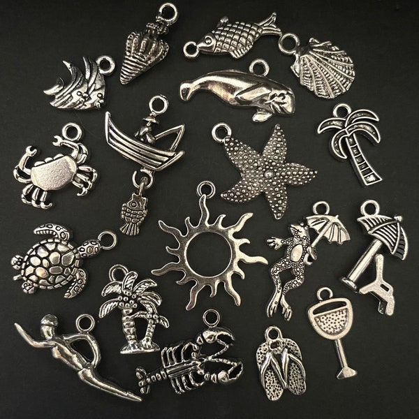 18 Florida Beach Vacation Charm Set antique silver metal charms for jewelry making, 3/8” to 1”