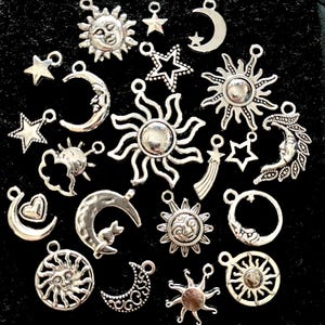 21 Piece Celestial Charm Set antique silver mixed metal charms for jewelry making, scrapbooking, charm casting, crafts, 1/4”-1”
