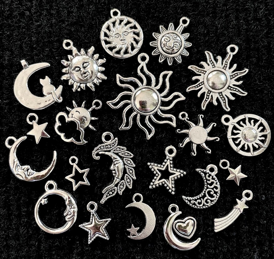 21 Piece Celestial Charm Set Antique Tibetan Silver Mixed Metal Charms