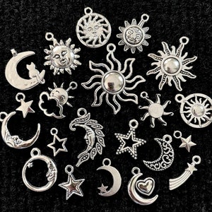 21 Piece Celestial Charm Set antique Tibetan silver mixed metal charms for jewelry making, scrapbooking, charm casting, crafts
