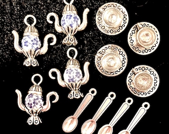 12 Piece Floral Teapot, Teacup, & Teaspoon Charm Set antique silver alloy and blue floral ceramic charms for jewelry making 3/8”-1”