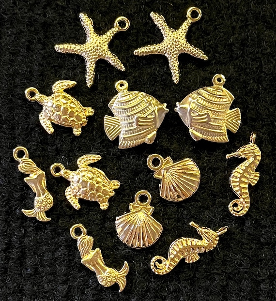 12 Piece Sealife Charm Pairs gold alloy charms for jewelry making, crafting, scrapbooking, 3/8” to 1/2” 6 pairs