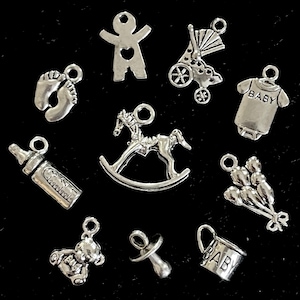 10 Piece Baby Themed Assorted antique silver metal charms for jewelry making, baby shower & scrapbooking, no pairs, highly detailed
