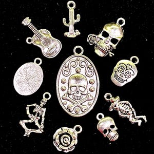 10 Piece Day Of The Dead Sugar Skull & Skeleton Celebration Charms antique silver alloy charms for jewelry making, scrapbooking 3/8”-1.50”