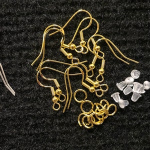 5 Pairs Bright Antiqued Gold, 925 Silver, Copper Plated, Hypoallergenic Ear Wires Earring Hooks set, 6mm jump rings & rubber stoppers 18mm