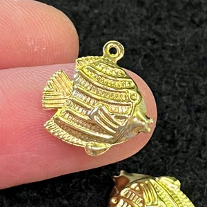 May include: A gold-colored fish charm with detailed scales and fins. The charm has a loop at the top for attaching to jewelry. The fish is a tropical fish design, suitable for necklaces, bracelets, or earrings.