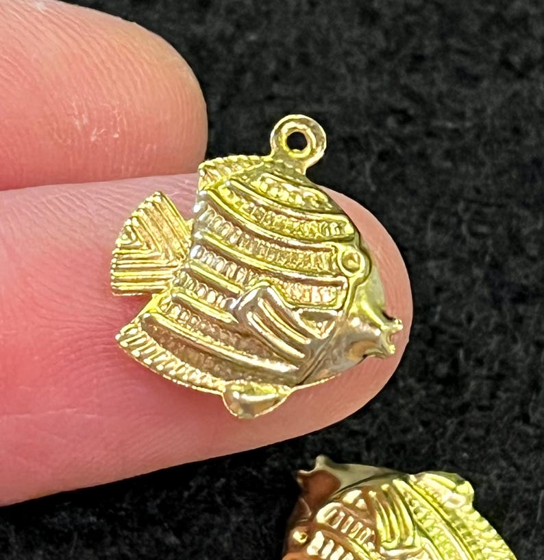 May include: A gold-colored fish charm with detailed scales and fins. The charm has a loop at the top for attaching to jewelry. The fish is a tropical fish design, suitable for necklaces, bracelets, or earrings.