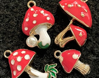 Set Of 4 Mushroom Charms Red & White with pearl accent gold alloy and enamel Charms for jewelry making