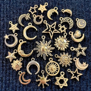 28 Piece Celestial Charm Set mixed antique gold alloy charms for jewelry making, scrapbooking, charm casting, crafts, 3/8”-3/4”
