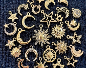 28 Piece Celestial Charm Set mixed antique gold alloy charms for jewelry making, scrapbooking, charm casting, crafts, 3/8”-3/4”