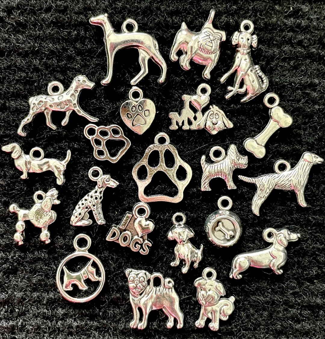 21 Piece Dog Themed &amp; Dog Breed Mixed Charm Set Antique Silver Alloy ...