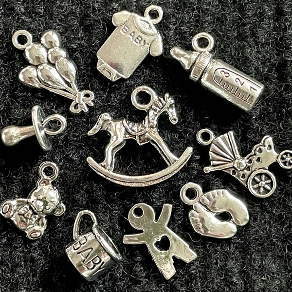 10 Piece Baby Themed Assorted antique silver metal charms for jewelry making, baby shower & scrapbooking, no pairs