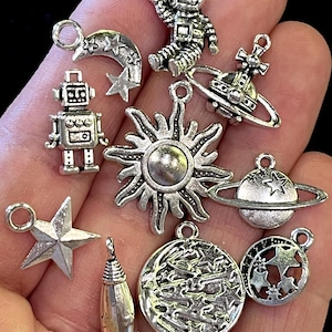 10 Piece Celestial & Outer Space Charm Set  Tibetan silver charms for jewelry making, scrapbooking, charm casting, 3/8”-3/4”